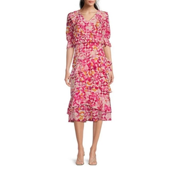 tyler boe Maxine Silk Ballet Slipper Dress V-Neck Puff Sleeve Ruffle Midi 6 - Picture 1 of 7